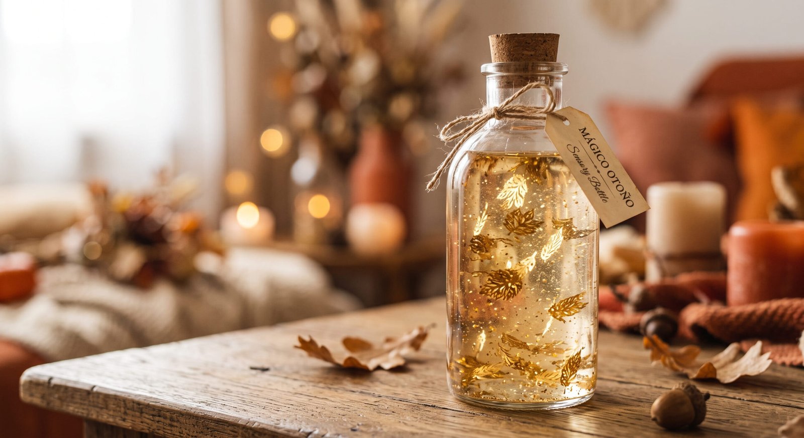 Botella sensorial casera con hojas de otoño flotando en líquido