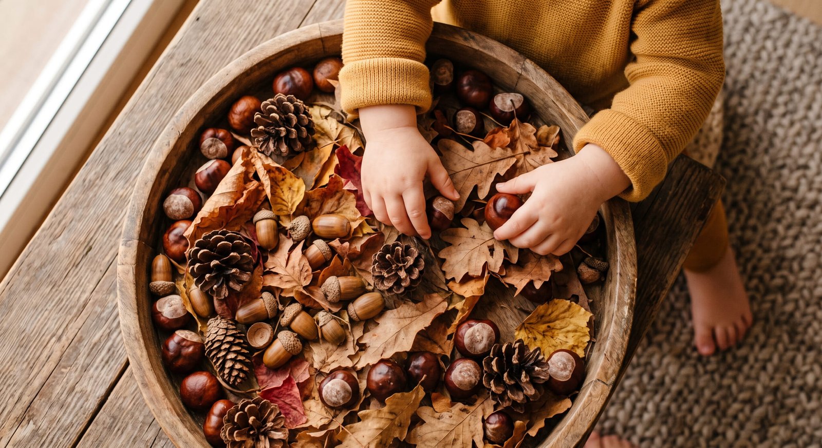 Actividades sensoriales otoño niños: bandeja con hojas y castañas