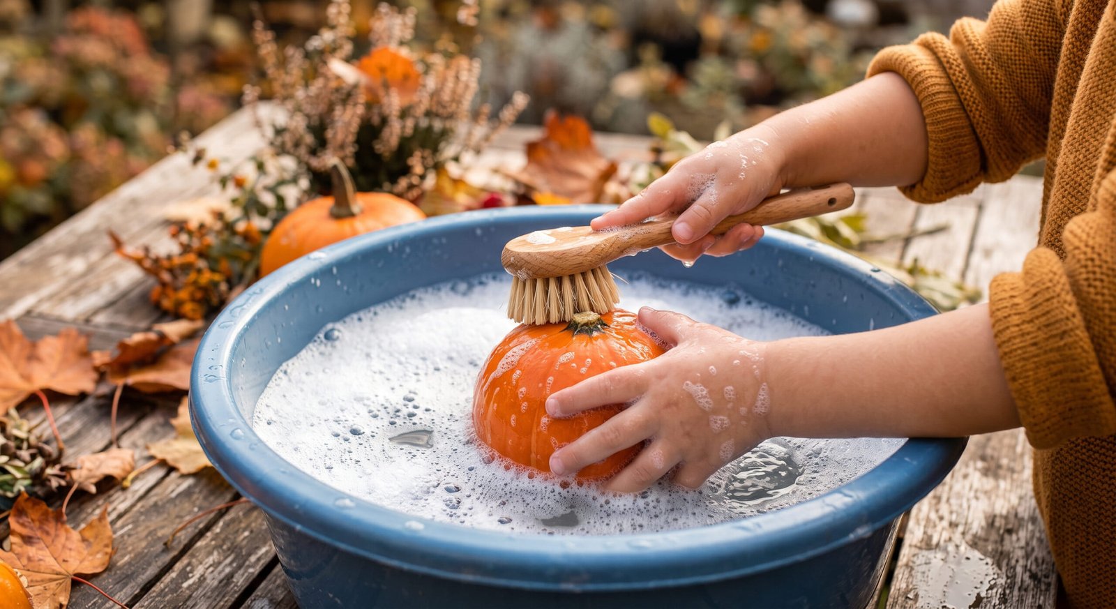 Niño lavando una calabaza pequeña en un barreño de agua
