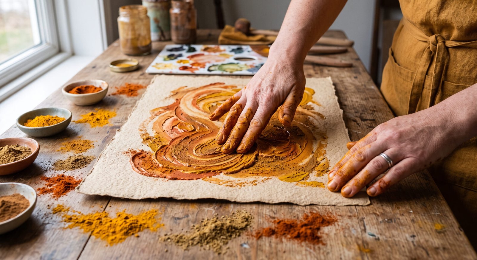 Niño pintando con los dedos en tonos ocres y naranjas de otoño