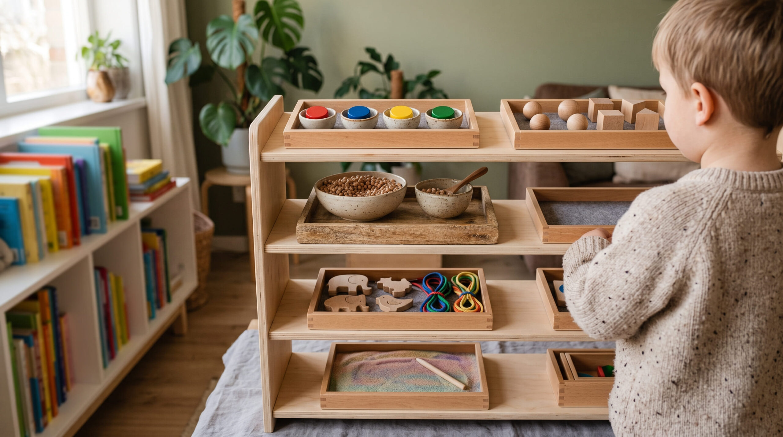 Estantería Montessori baja de madera con bandejas de actividades