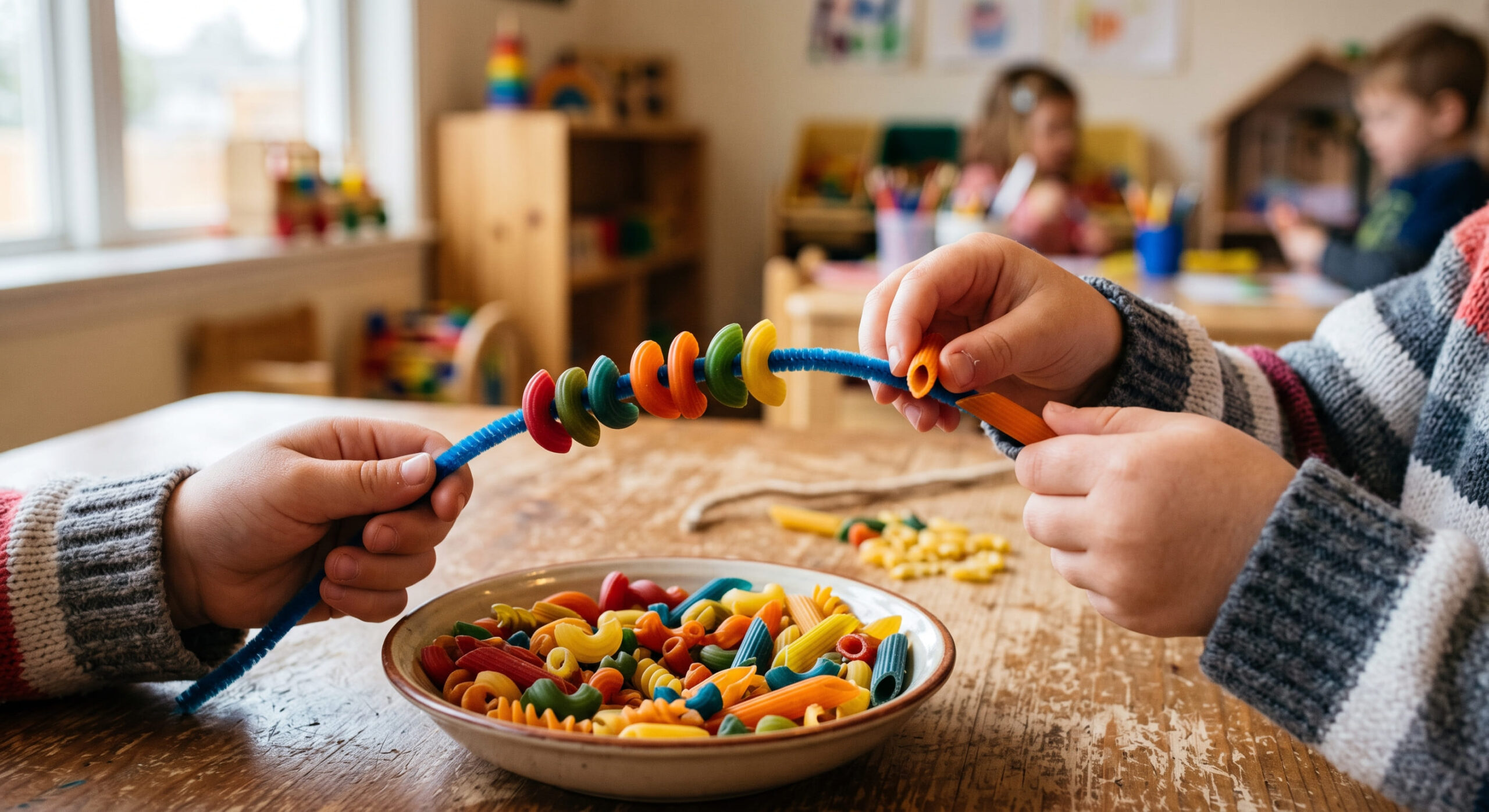 Manos de niño ensartando macarrones en un limpiapipas