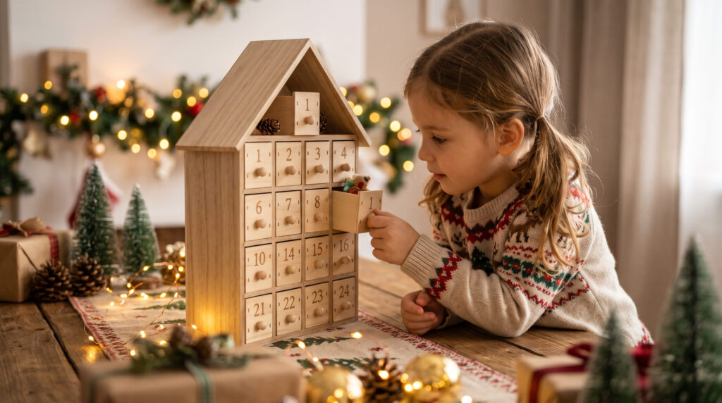 Niña abriendo los cajones de madera de un calendario de Adviento