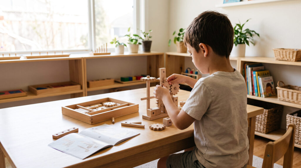 Niño de 8 años jugando con un juego de engranajes