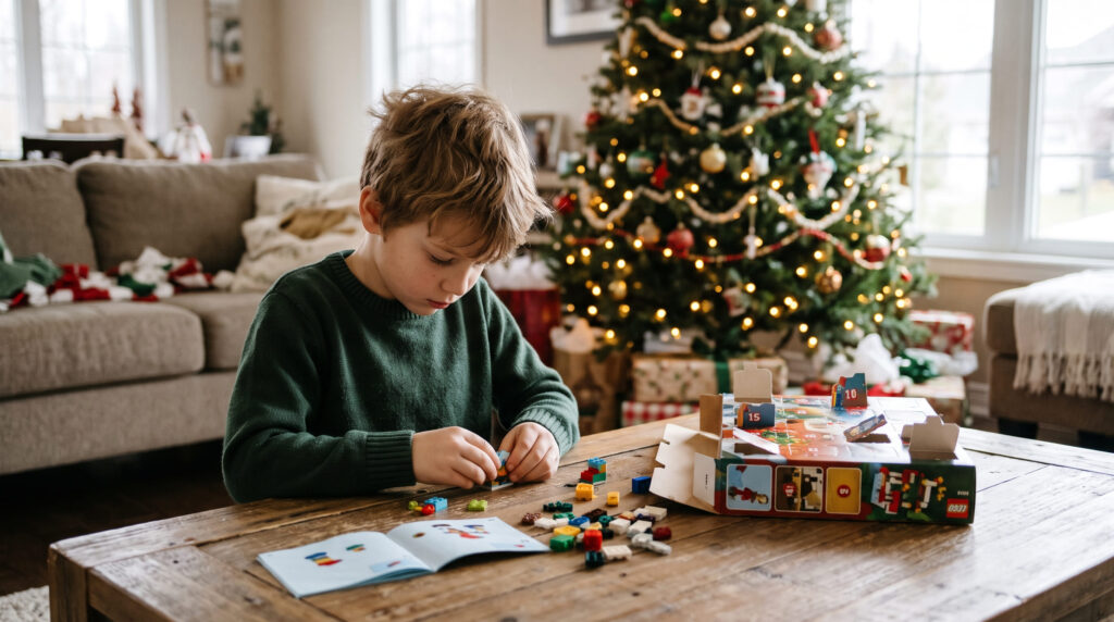 Niño jugando frente al árbol de Navidad