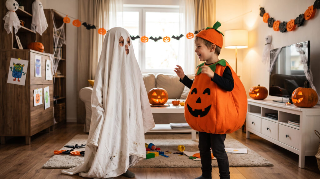 Niños con disfraces caseros de fantasma y de calabaza en Halloween