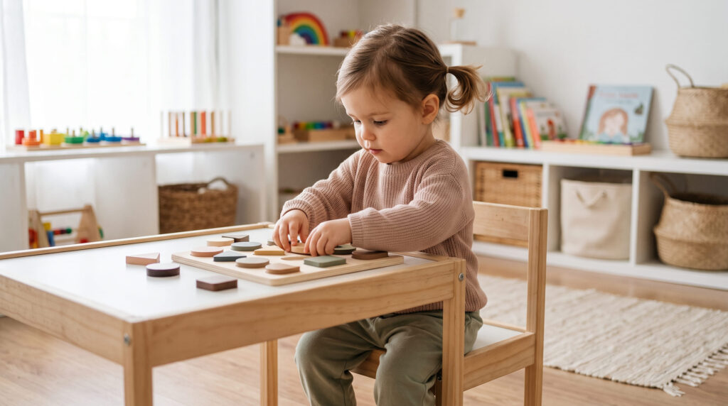 Niña de 2 años encajando piezas de madera en un tablero de formas