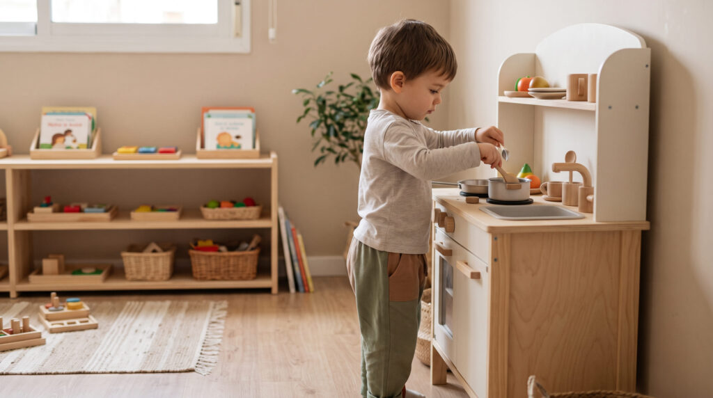 Niño de 3 años jugando con una cocinita de madera