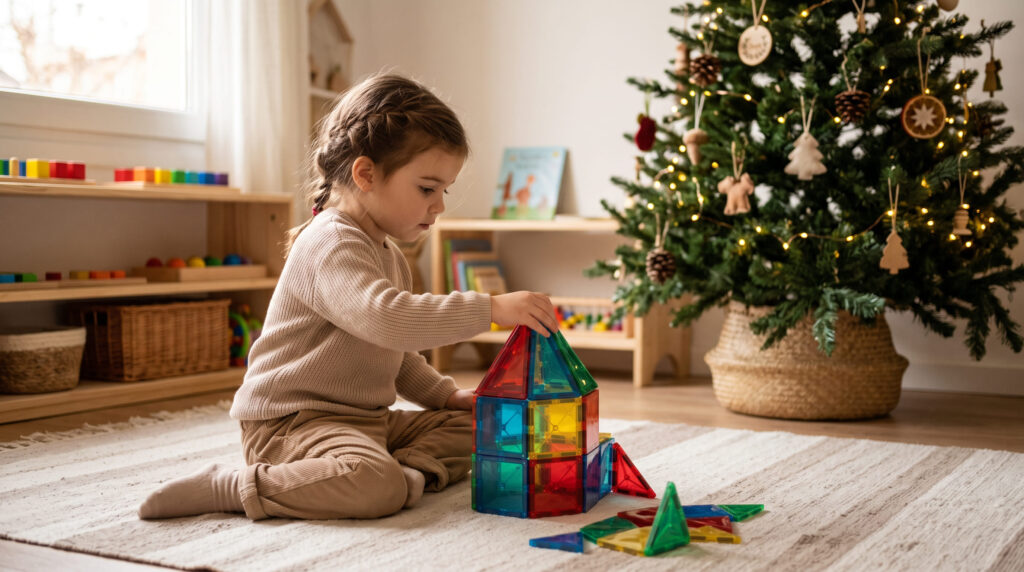 Niña de 4 años jugando con bloques magnéticos junto al árbol de Navidad