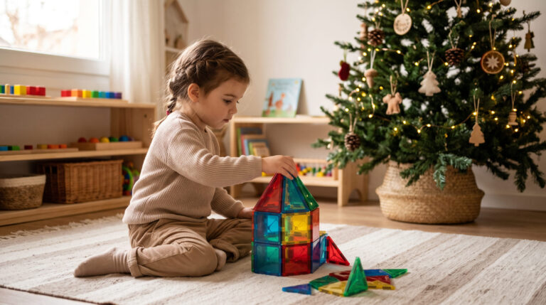 Niña de 4 años jugando con bloques magnéticos junto al árbol de Navidad